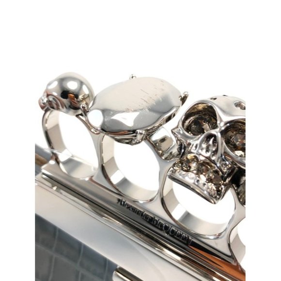 Alexander Mcqueen Skull Four Ring Croc Embossed Blue Leather Clutch - Picture 5 of 12